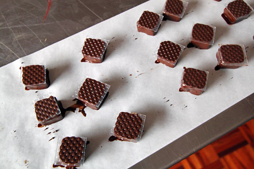 Chocolates with geometric transfer sheets on top