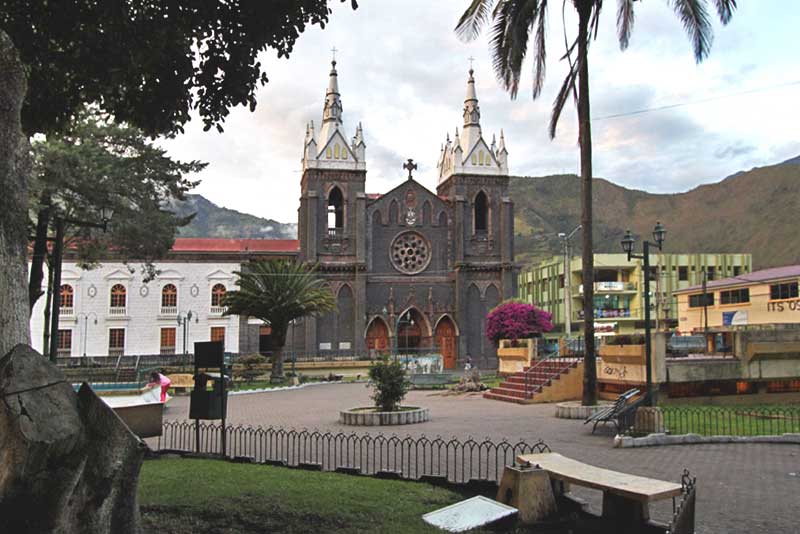 Central Plaza and Church in Banos, Ecuador 