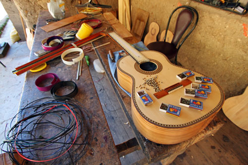 Custom inlaid guitars, handmade by Jose Uyaguari in San Bartolome, Ecuador