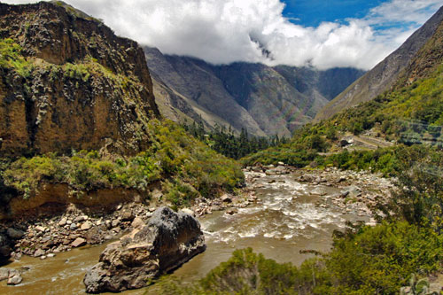 Gorgeous scenery in the Sacred Valley on the train to Machu Picchu, Peru