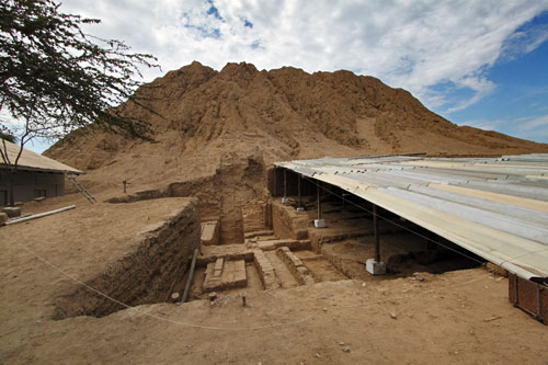 Mounds and excavation at Lord of Sipan Moche site in Chiclayo, Peru