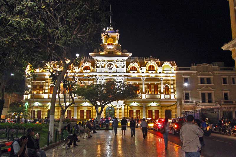 Illuminated Municipal Palace at Night in Chiclayo, Northern Coast of Peru