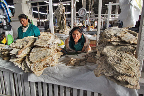 Alpaca, for sale at the San Pedro Market in Cusco, is considered a local delicacy in Peru