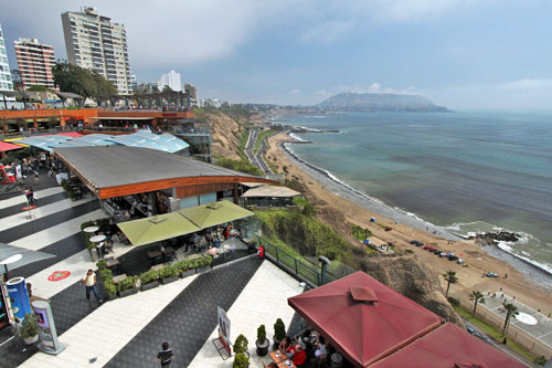 Larcomar Mall perches atop a cliff in the Miraflores district of Lima, overlooking the Pacific