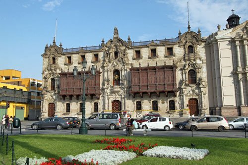 Archbishop's Palace in Plaza de Armas features twin Moorish-influenced balconies