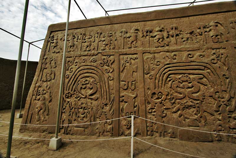 Beautifully Detailed Carvings Adorn High Adobe Walls of Chan Chan Ruins in Trujillo, Peru