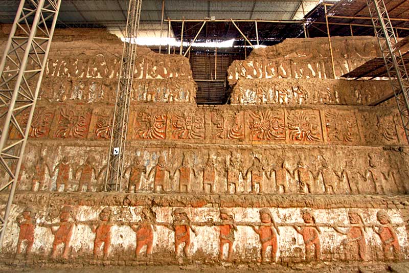 Wall of Painted Carvings from Moche Culture at Temple of the Moon in Trujillo, Peru