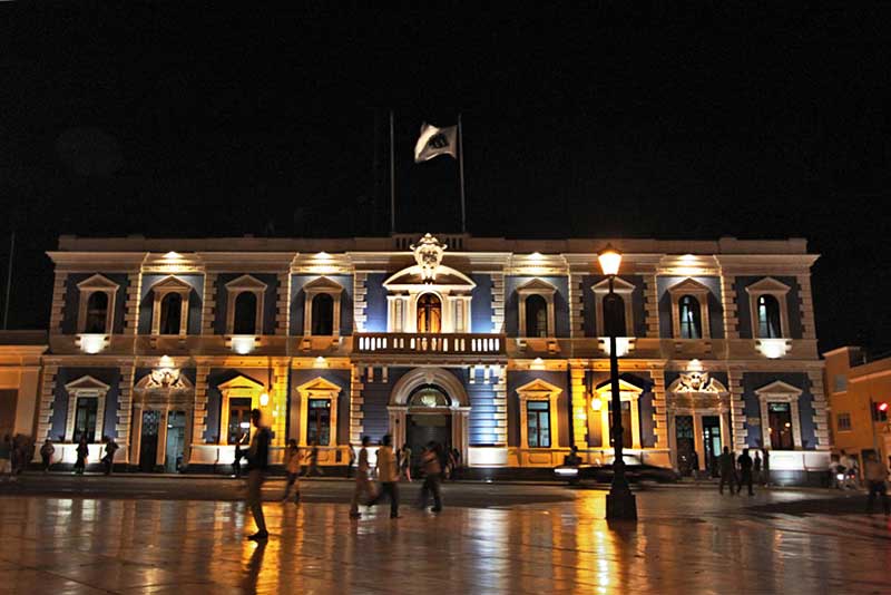 Brightly Illuminated Municipal Palace in Trujillo, Peru