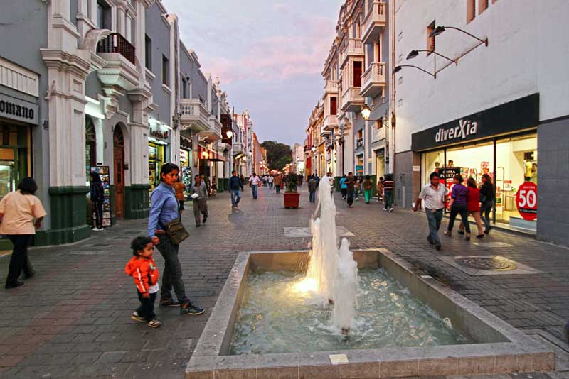Pedestrian Shopping Street in Trujillo, Peru Leads to Plaza de Armas Central Square