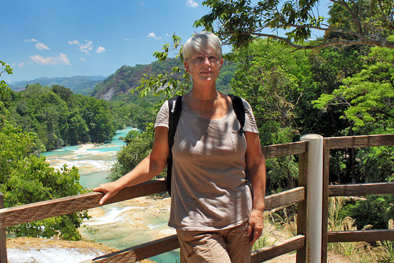 Author, Barbara Weibel, at Agua Azul Waterfall in Chiapas, Mexico