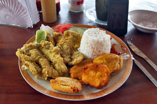 Fresh fish on the coast of Ecuador, served with rice and fried ripe plantains