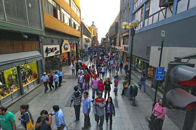 Midday Shoppers on Jiron de la Union Pedestrian Mall in Lima, Peru