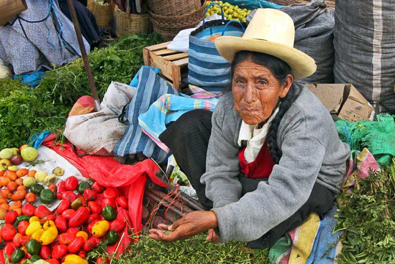 Quechua Woman Hawks Peppers at the Pisac Market in the Sacred Valley of Peru