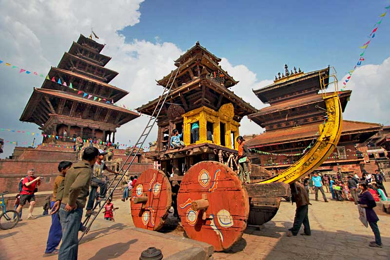 Devotees Prepare Giant Chariot for Tug-of-war During Bisket Jatra (New Year) Celebration in Bhaktapur, Nepal