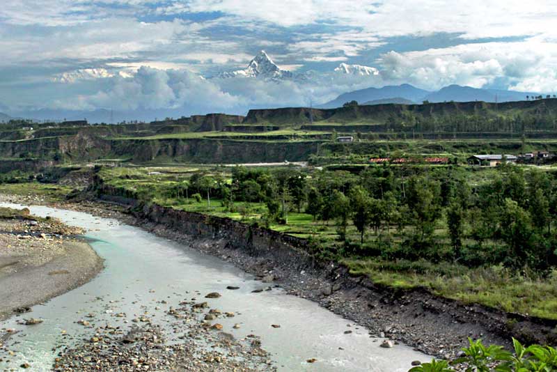 Himalayas and Rain-sculpted Cliffs Beside Seti River Gorge, Near Dobila, Nepal