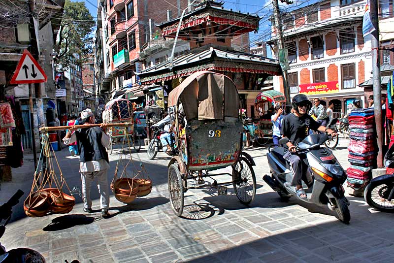 Many Methods of Transport in the Thamel Neighborhood of Kathmandu, Nepal