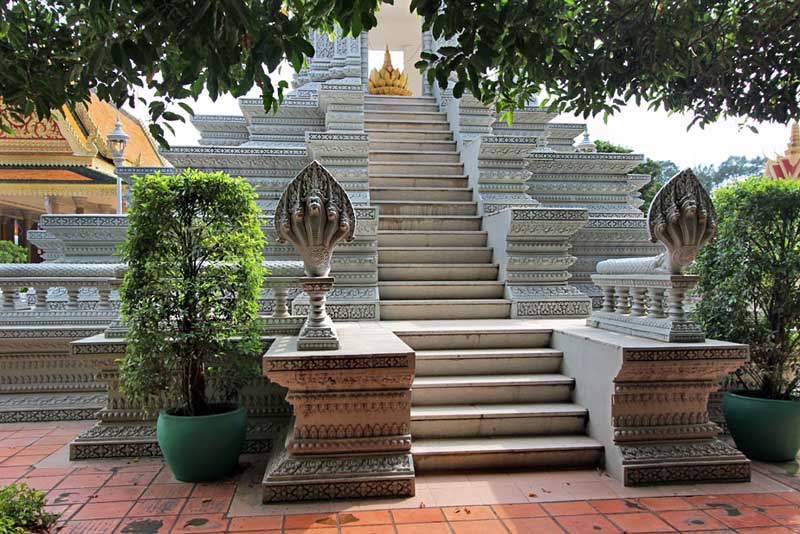 Nagas Flank Stairway to Pagoda at the Royal Palace in Phnom Penh, Cambodia