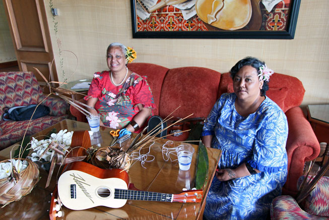 Aunty Irene and Aunty Sandra (left to right) display the most important accoutrements of Hawaiian culture