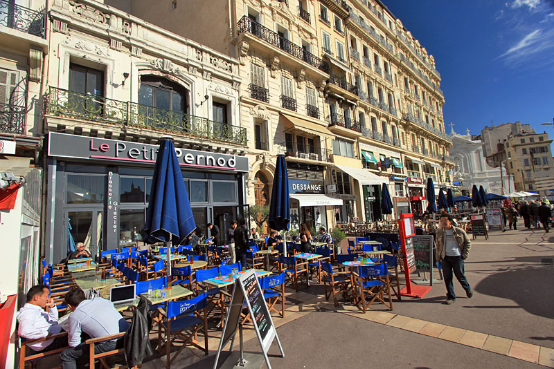 Outdoor Cafes Line the Vieux Port Harbor in the Center of Marseille, France
