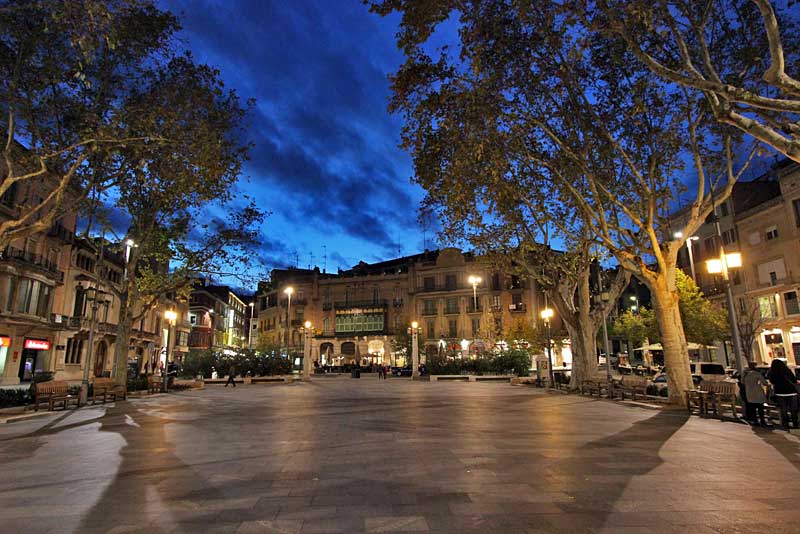 Gorgeous Night on La Rambla, the Main Plaza in the Old Town of Figueres, Spain