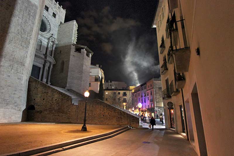 Saint Feliu Church and Illuminated Streets of Girona, Spain