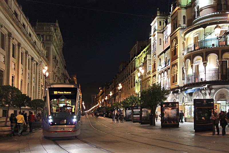 Modern Tram Runs Through the Center of Historic Seville, Spain