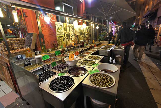 Just about any kind of olive you could want is available at the night market in Marseille France