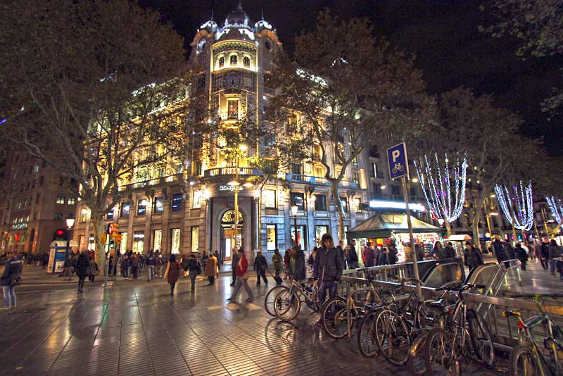 Bicycles Locked Up at Entrance to Metro on La Rambla in Barcelona, Spain