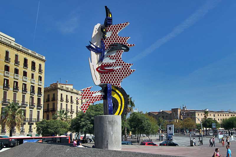 Roy Lichtenstein Sculpture, "Barcelona Head, Stands on the Waterfront in Barcelona, Spain