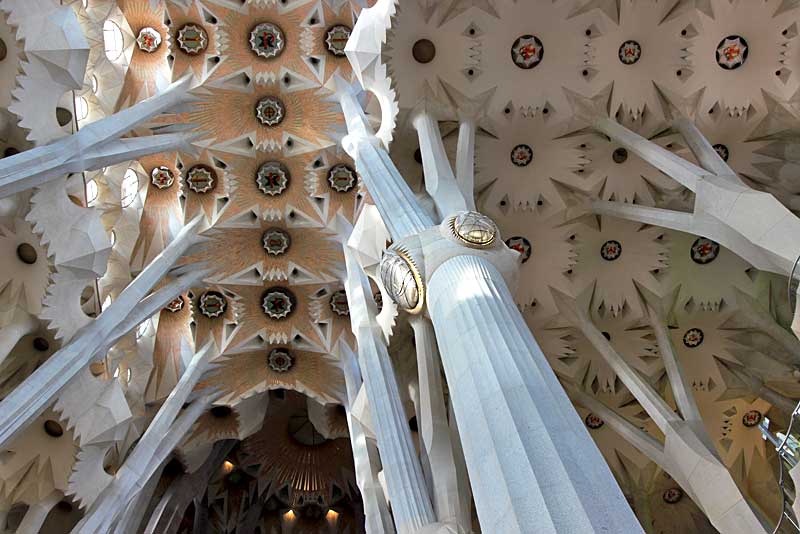 Pillars of Sagrada Familia Cathedral in Barcelona, Spain Are Shaped Like Tree Trunks While Ceiling Design Mimics Protective Canopy of Leaves