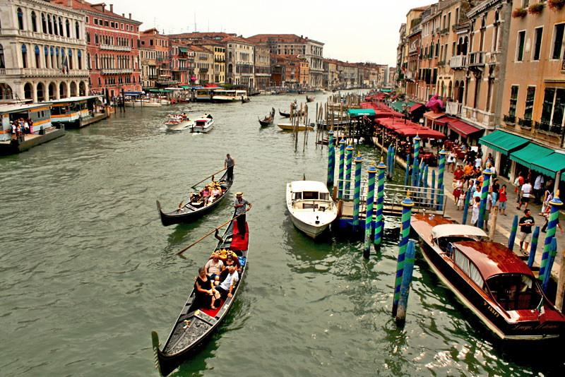 Gondolas, Water Taxis, and Speedboats Ply the Grand Canal in Venice, Italy