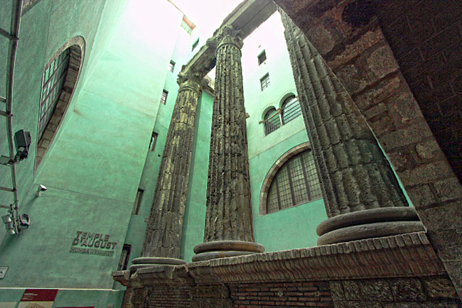 Columns from the first century AD Temple of Augustus provide evidence of the Roman roots of Barcelona Spain