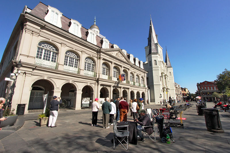 Jazz Musicians Play in Front of the Cabildo Museum and St. Louis Cathedral in the French Quarter of New Orleans
