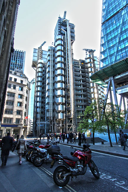 The Lloyd's of London building looks like a stack of spiral-bound notebooks