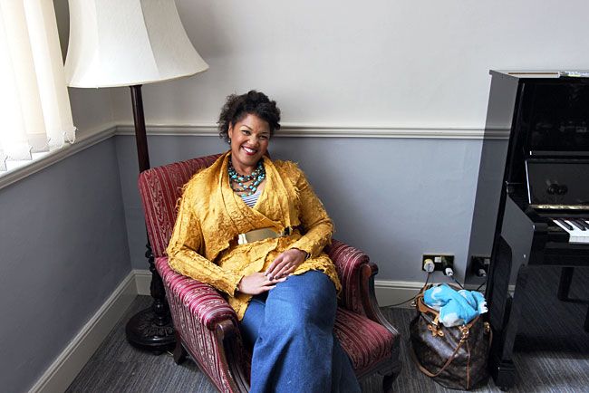 Soprano opera singer Measha Brueggergosman relaxes after a concert at the International Music Festival in Bath, England