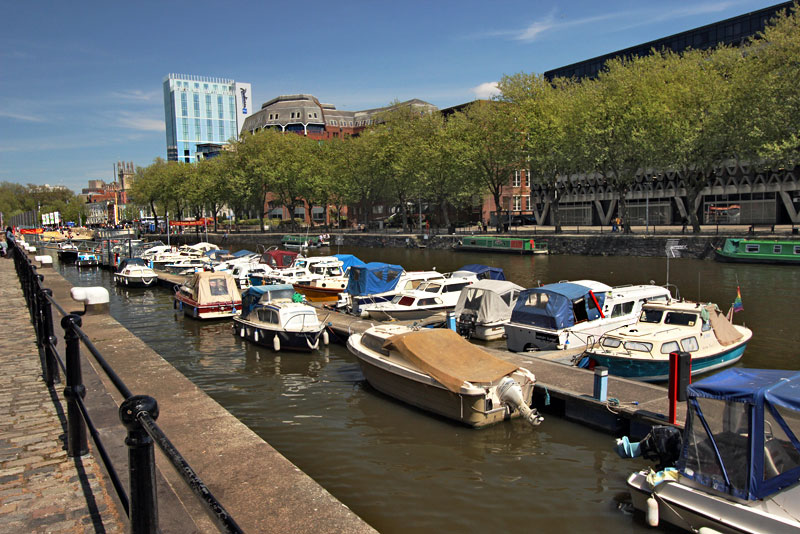 Boats on Harbourside Main Canal in Bristol, England, a Popular Nightlife and Restaurant Spot