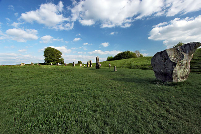 Standing stones at Avebury, England form the largest stone circle in Europe