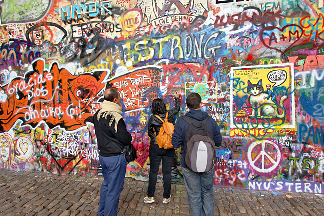 Close-up of art on John Lennon Wall in Prague