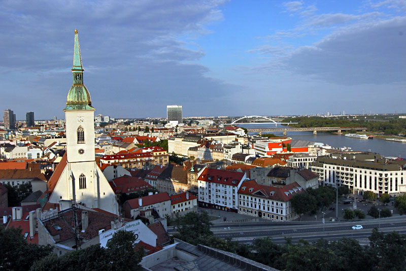 View of St. Martin's Cathedral and City of Bratislava, Slovakia From Atop Castle Hill at Sunset