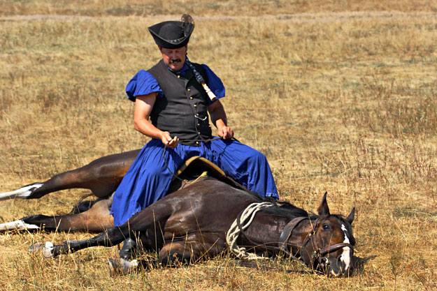 Hortobagy herdsman sits astride his horse as it lies down