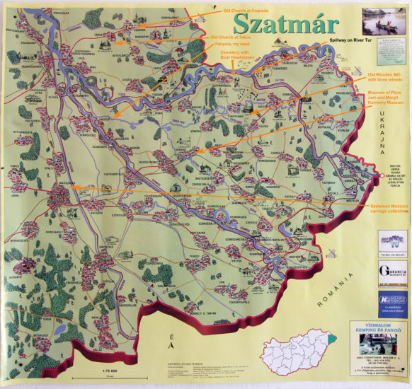 Tourist sites on a mapof Szatmar County, Hungary