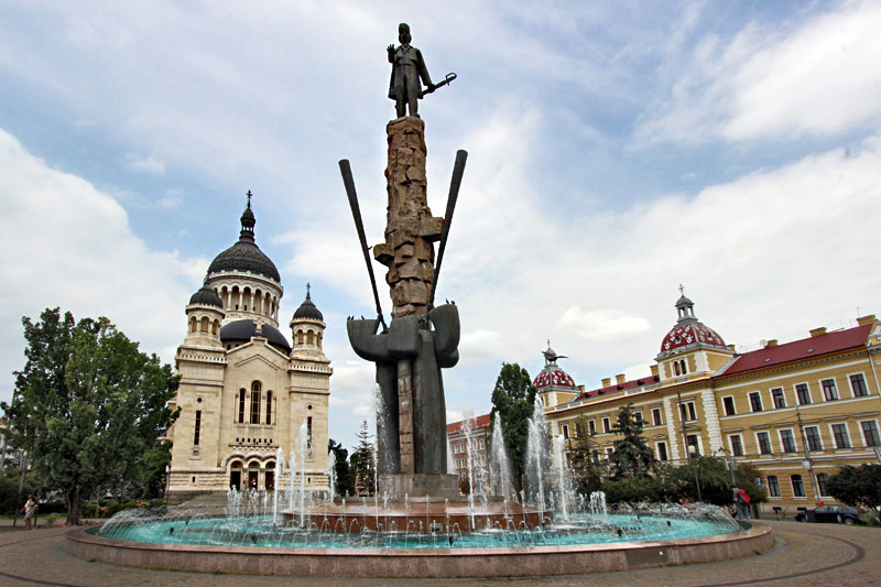 Dormition of the Theotokos Orthodox Cathedral and Avram Iancu Statue in Cluj-Napoca, Romania
