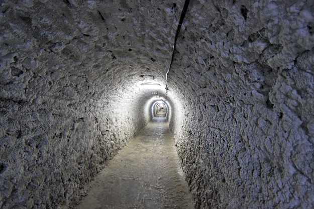 Salt crystals growing on the walls of one of the underground tunnels at Salina Turda Salt Mine