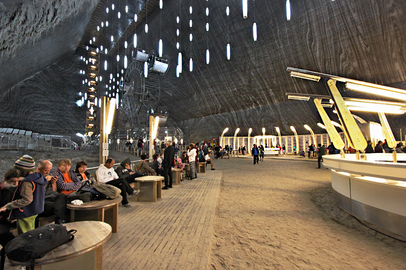 Playground at the Bottom of Rudolf Salt Mine in Turda, Romania Includes a Ferris Wheel, Bowling Lanes, and Pool Tables