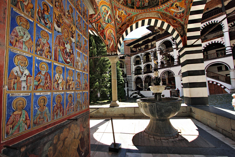 Fountain and Frescoes at Rila Monastery Decorate the Front Cloister of the Church at This Famous Bulgarian Site