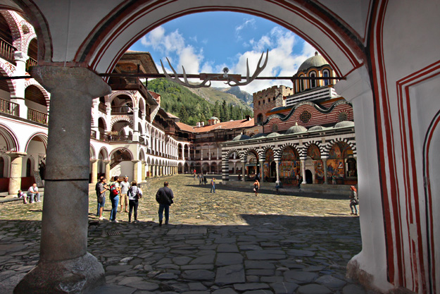 One of two entrance tunnels leading into the interior courtyard at Rila Monastery in Bulgaria