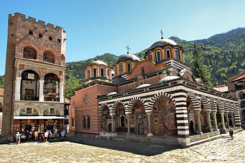 Hrelyu Tower, the Oldest Building at the Rila Monastery in Bulgaria, Sits Next to Church of the Nativity of the Virgin