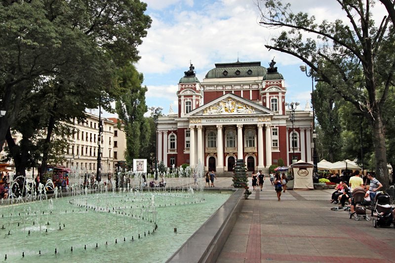 Fountain and National Theatre in Sofia, Bulgaria, are the Centerpiece of Ivan Vasov Garden