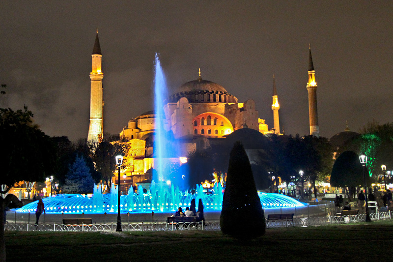 Multicolored Fountain and Hagia Sophia in Istanbul's Sultanahmet Park