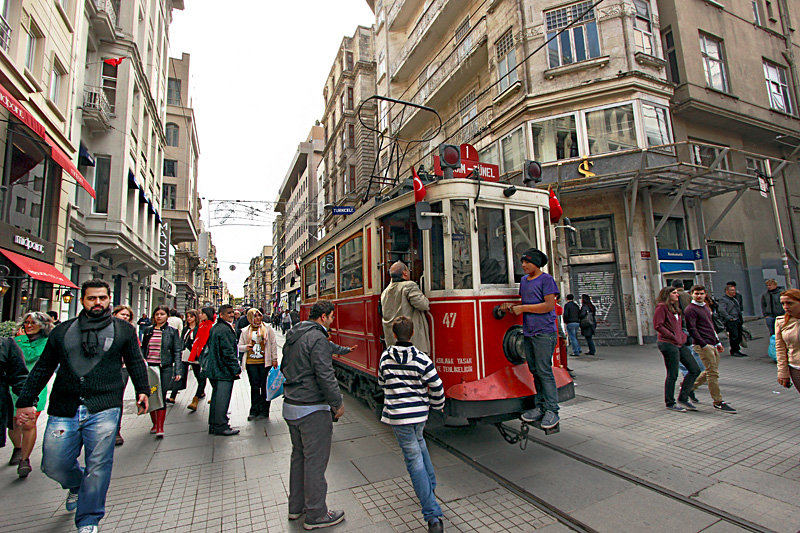 Trolley on Istiklal Avenue in Istanbul Runs Between Taksim Square and Galata Tower